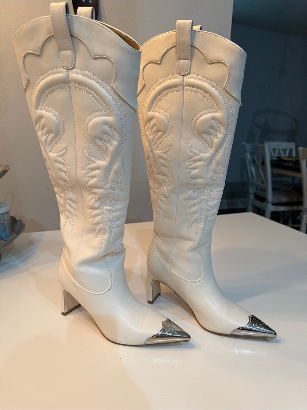 Lulu's White Over-the-Knee Western Boots with Silver Toe Caps
